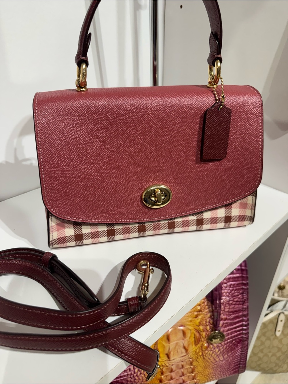Coach Tilly Berry Pink Leather & Plaid Top-Handle Satchel - Picture 3 of 5